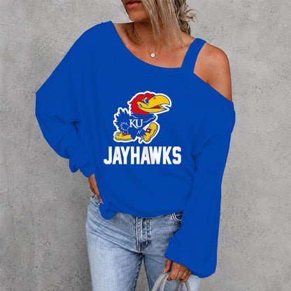 [FAN FAVORITE] NEW CUSTOMIZED NCAA MAM01 KSJ KANSAS JAYHAWKS WOMEN'S OFF-SHOULDER LONG SLEEVE SHIRT
