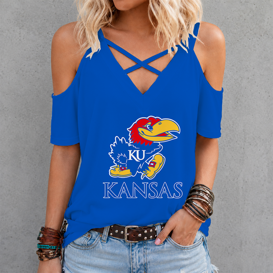 [FAN FAVORITE] NEW CUSTOMIZED NCAA MAM01 KSJ KANSAS JAYHAWKS CRISS CROSS V-NECK TOP