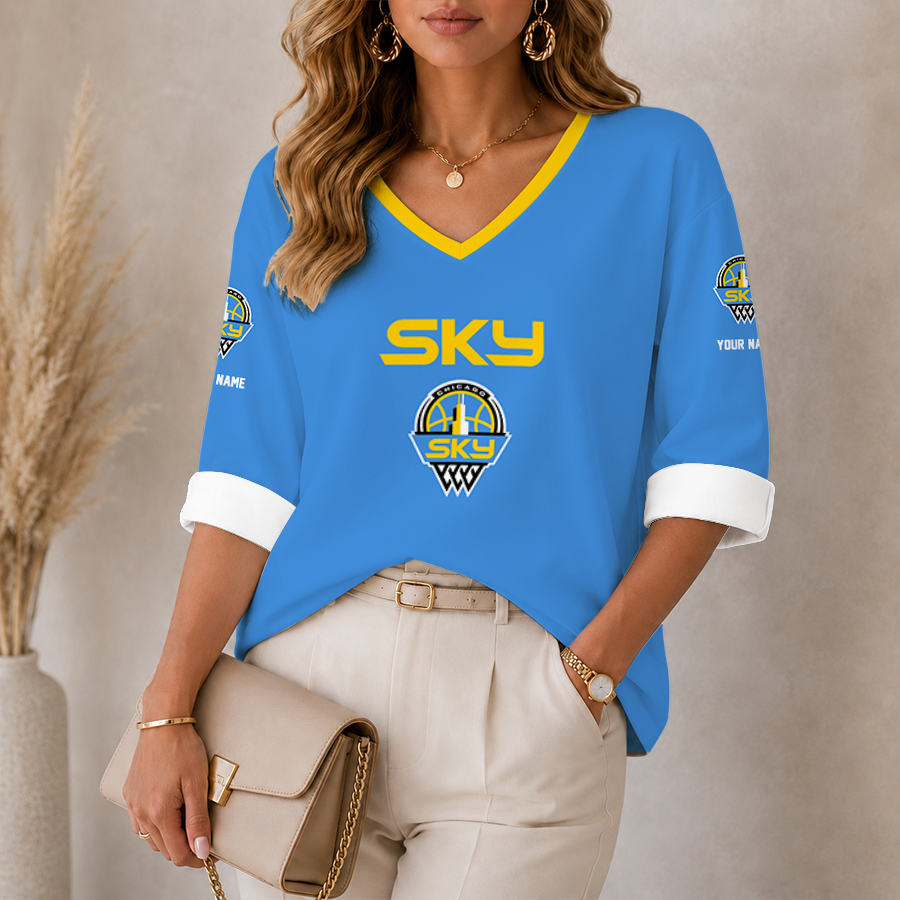 [FAN FAVORITE] NEW CUSTOMIZED WNBA02 CCS CHICAGO SKY WOMEN'S HEART V-NECK LONG SLEEVE SHIRT