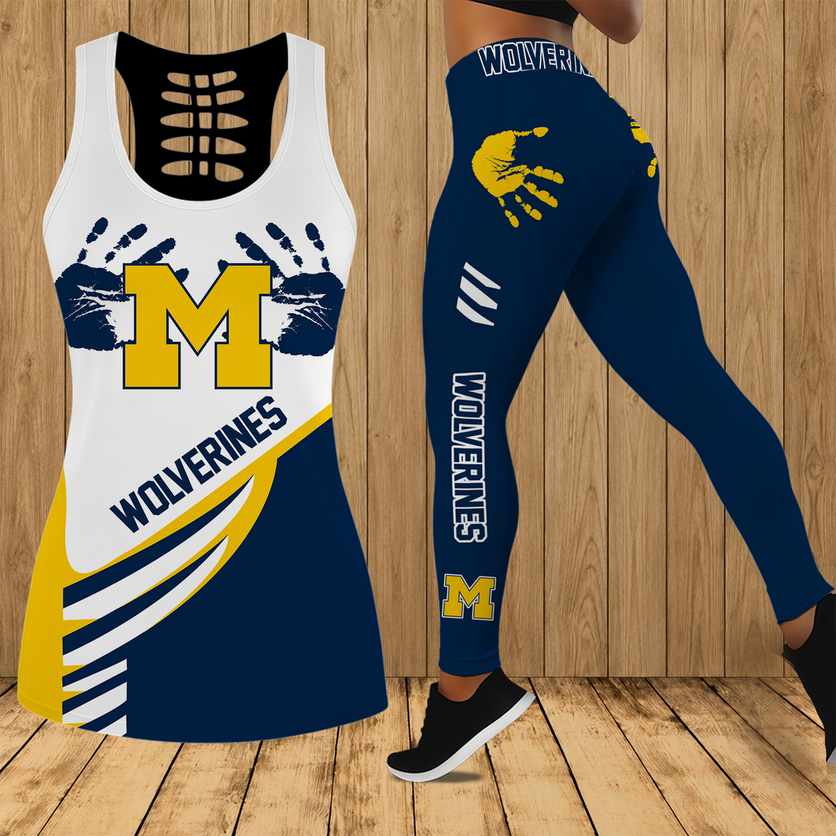[FAN FAVORITE] NEW CUSTOMIZED NCAA MAM02 MIW MICHIGAN WOLVERINES STRAPPY HOLLOW TANK TOP & LEGGINGS SET