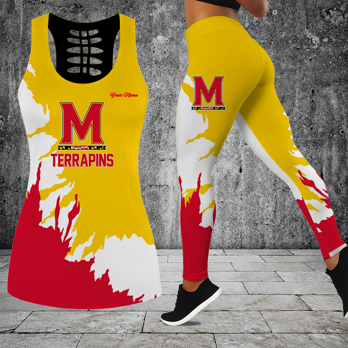[FAN FAVORITE] NEW CUSTOMIZED NCAA CFH02 MLT MARYLAND TERRAPINS HOLLOW TANK TOP & LEGGINGS SET