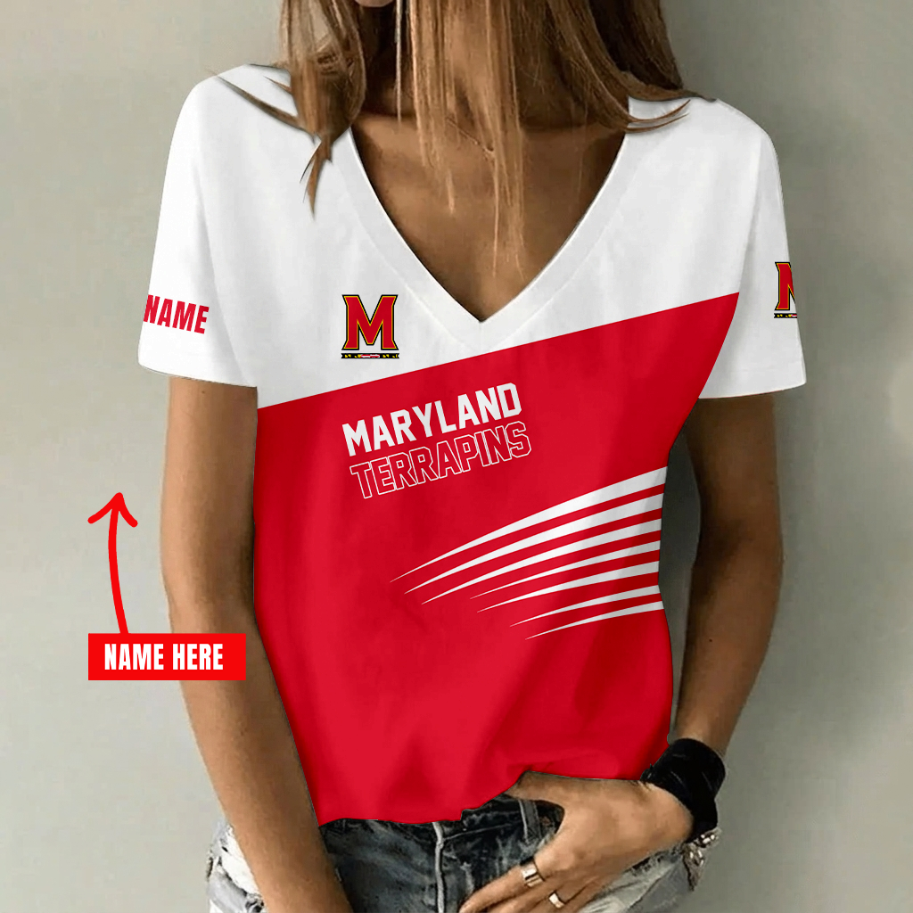 [FAN FAVORITE] NEW CUSTOMIZED NCAA CFH02 MLT MARYLAND TERRAPINS V-NECK FEMALE SHIRT
