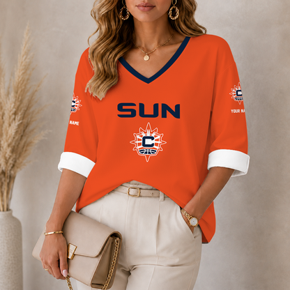 [FAN FAVORITE] NEW CUSTOMIZED WNBA03 CTS CONNECTICUT SUN WOMEN'S HEART V-NECK LONG SLEEVE SHIRT