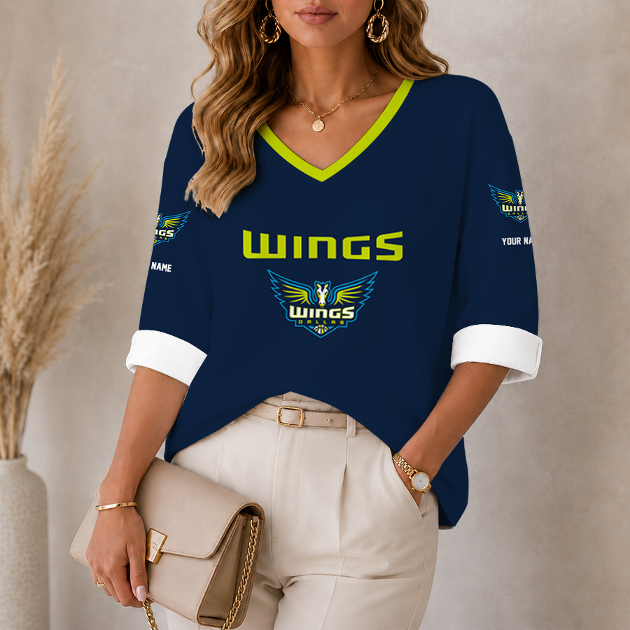 [FAN FAVORITE] NEW CUSTOMIZED WNBA04 DLW DALLAS WINGS WOMEN'S HEART V-NECK LONG SLEEVE SHIRT