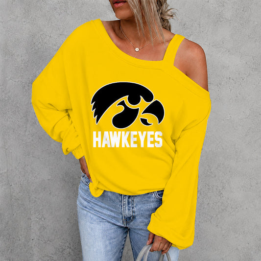 [FAN FAVORITE] NEW CUSTOMIZED NCAA CFH04 IWH IOWA HAWKEYES WOMEN'S OFF-SHOULDER LONG SLEEVE SHIRT