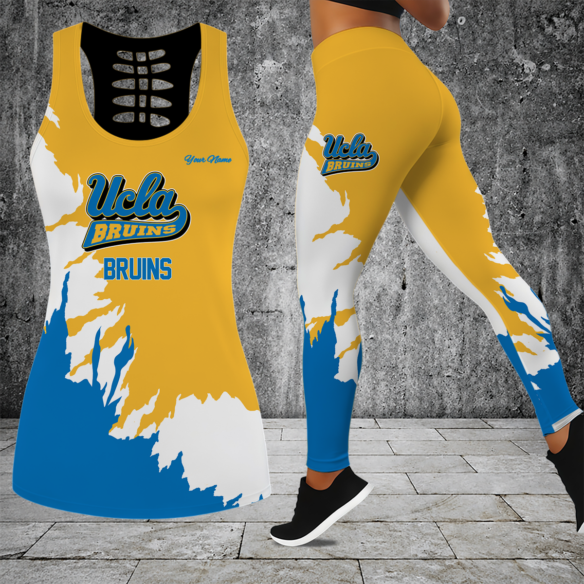 [FAN FAVORITE] NEW CUSTOMIZED NCAA MAM04 UCB UCLA BRUINS STRAPPY HOLLOW TANK TOP & LEGGINGS SET
