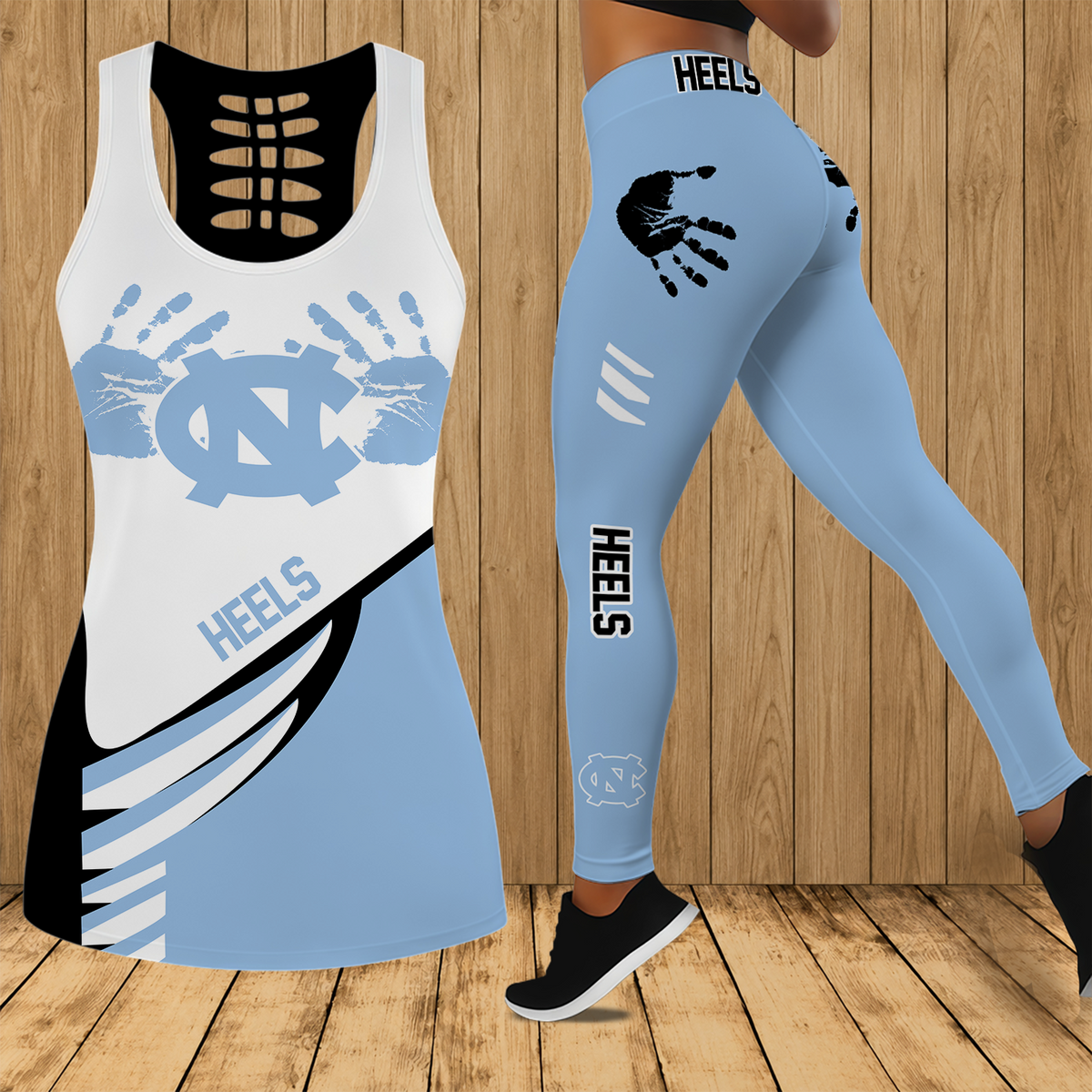 [FAN FAVORITE] NEW CUSTOMIZED NCAA MAM05 NTH NORTH CAROLINA TAR HEELS STRAPPY HOLLOW TANK TOP & LEGGINGS SET