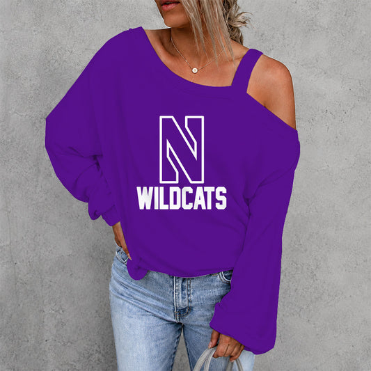 [FAN FAVORITE] NEW CUSTOMIZED NCAA CFH06 NOW NORTHWESTERN WILDCATS WOMEN'S OFF-SHOULDER LONG SLEEVE SHIRT