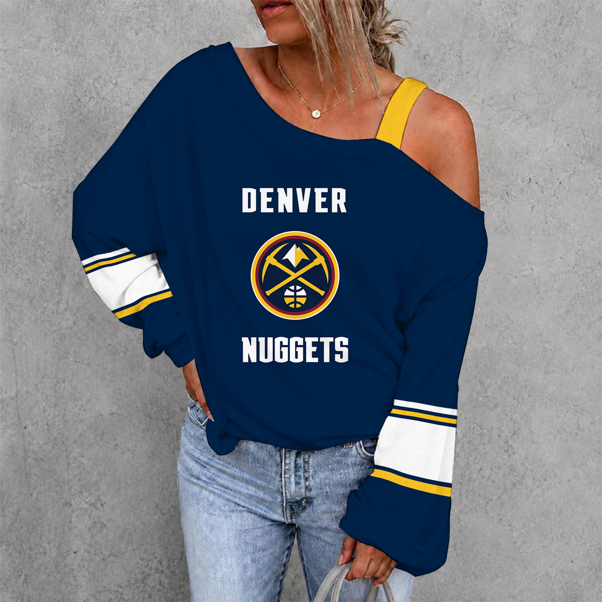 [HOT DEAL] NEW CUSTOMIZED NBA08 DNU DENVER NUGGETS WOMEN'S OFF-SHOULDER LONG SLEEVE SHIRT