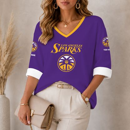 [FAN FAVORITE] NEW CUSTOMIZED WNBA08 LAS LOS ANGELES SPARKS WOMEN'S HEART V-NECK LONG SLEEVE SHIRT