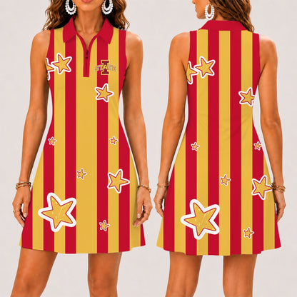 [FAN FAVORITE] NEW CUSTOMIZED NCAA MAM10 ISC IOWA STATE CYCLONES STRAPPY WOMEN'S ZIP SLEEVELESS POLO DRESS
