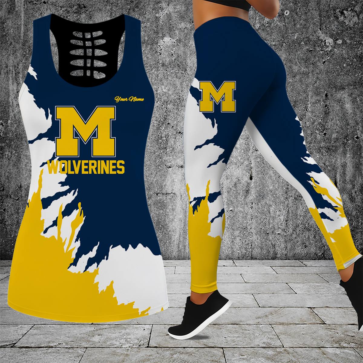 [FAN FAVORITE] NEW CUSTOMIZED NCAA CFH10 MIW MICHIGAN WOLVERINES HOLLOW TANK TOP & LEGGINGS SET