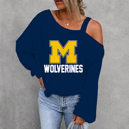 [FAN FAVORITE] NEW CUSTOMIZED NCAA CFH10 MIW MICHIGAN WOLVERINES WOMEN'S OFF-SHOULDER LONG SLEEVE SHIRT