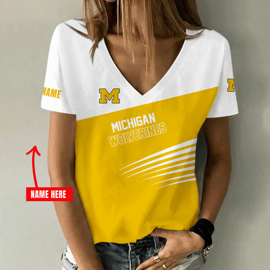 [FAN FAVORITE] NEW CUSTOMIZED NCAA CFH10 MIW MICHIGAN WOLVERINES V-NECK FEMALE SHIRT