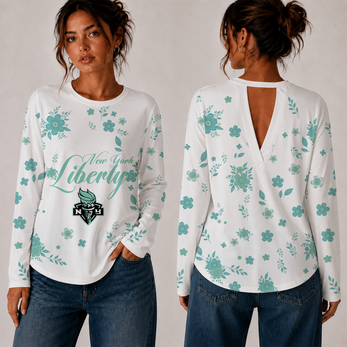 [FAN FAVORITE] NEW CUSTOMIZED WNBA10 NYL NEW YORK LIBERTY WOMEN'S BACK V-CUT LONG-SLEEVE SHIRT