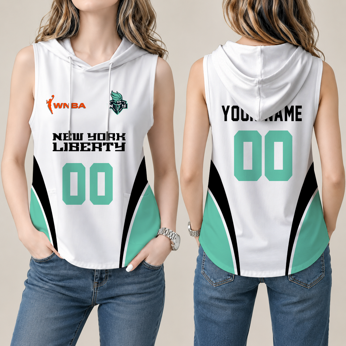 [FAN FAVORITE] NEW CUSTOMIZED WNBA10 NYL NEW YORK LIBERTY WOMEN'S SLEEVELESS HOODED POCKET TANK TOP