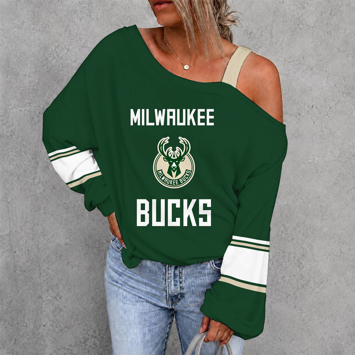 [HOT DEAL] NEW CUSTOMIZED NBA11 MBU MILWAUKEE BUCKS WOMEN'S OFF-SHOULDER LONG SLEEVE SHIRT