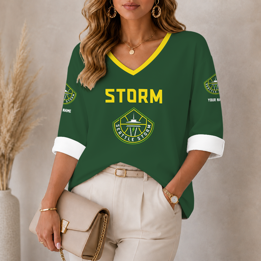[FAN FAVORITE] NEW CUSTOMIZED WNBA12 STS SEATTLE STORM WOMEN'S HEART V-NECK LONG SLEEVE SHIRT