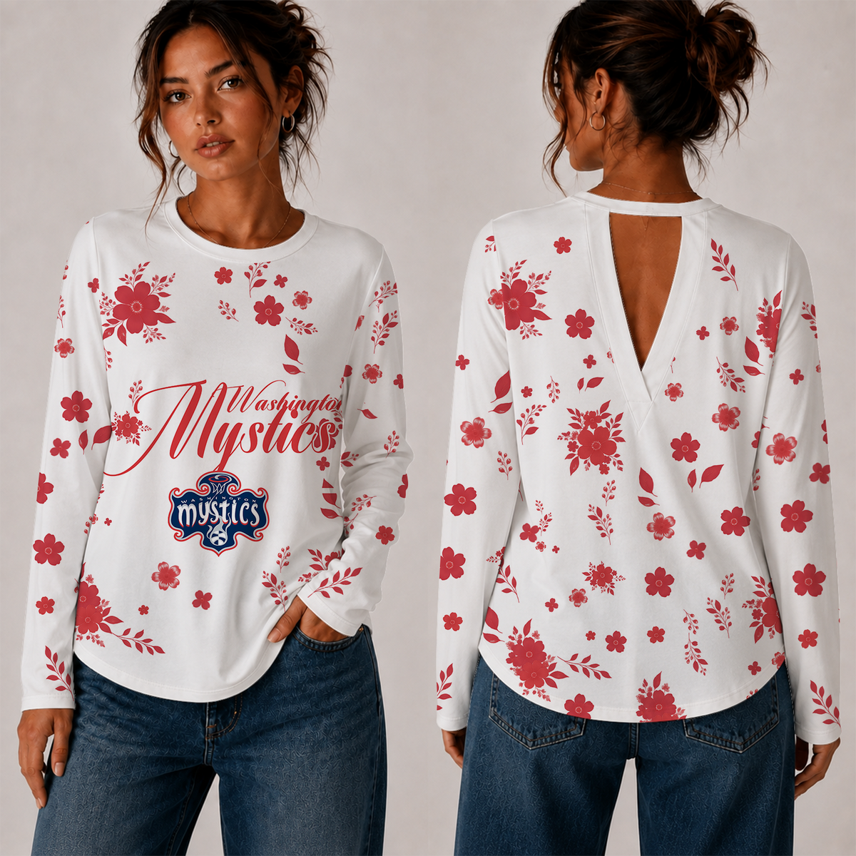 [FAN FAVORITE] NEW CUSTOMIZED WNBA13 WSM WASHINGTON MYSTICS WOMEN'S BACK V-CUT LONG-SLEEVE SHIRT