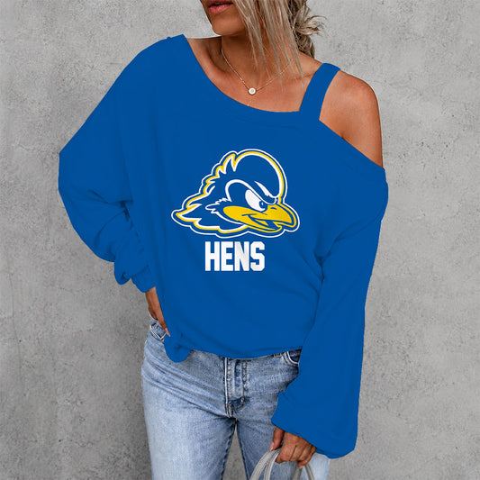[FAN FAVORITE] NEW CUSTOMIZED NCAA CFH14 DFH DELAWARE FIGHTIN' BLUE HENS WOMEN'S OFF-SHOULDER LONG SLEEVE SHIRT