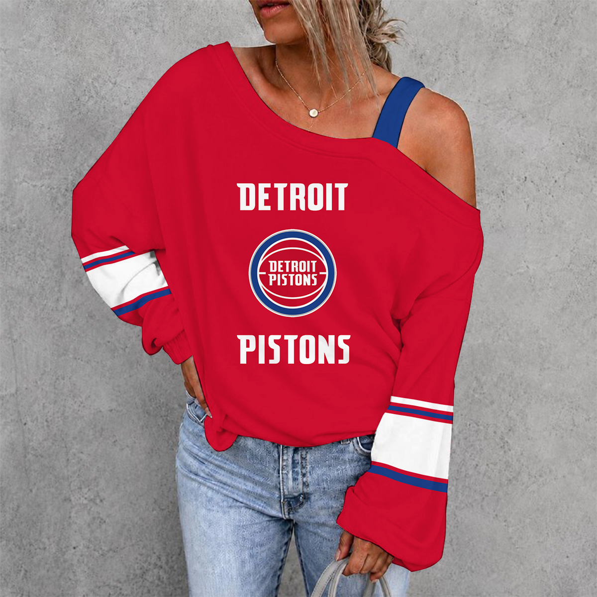 [HOT DEAL] NEW CUSTOMIZED NBA14 DPI DETROIT PISTONS WOMEN'S OFF-SHOULDER LONG SLEEVE SHIRT