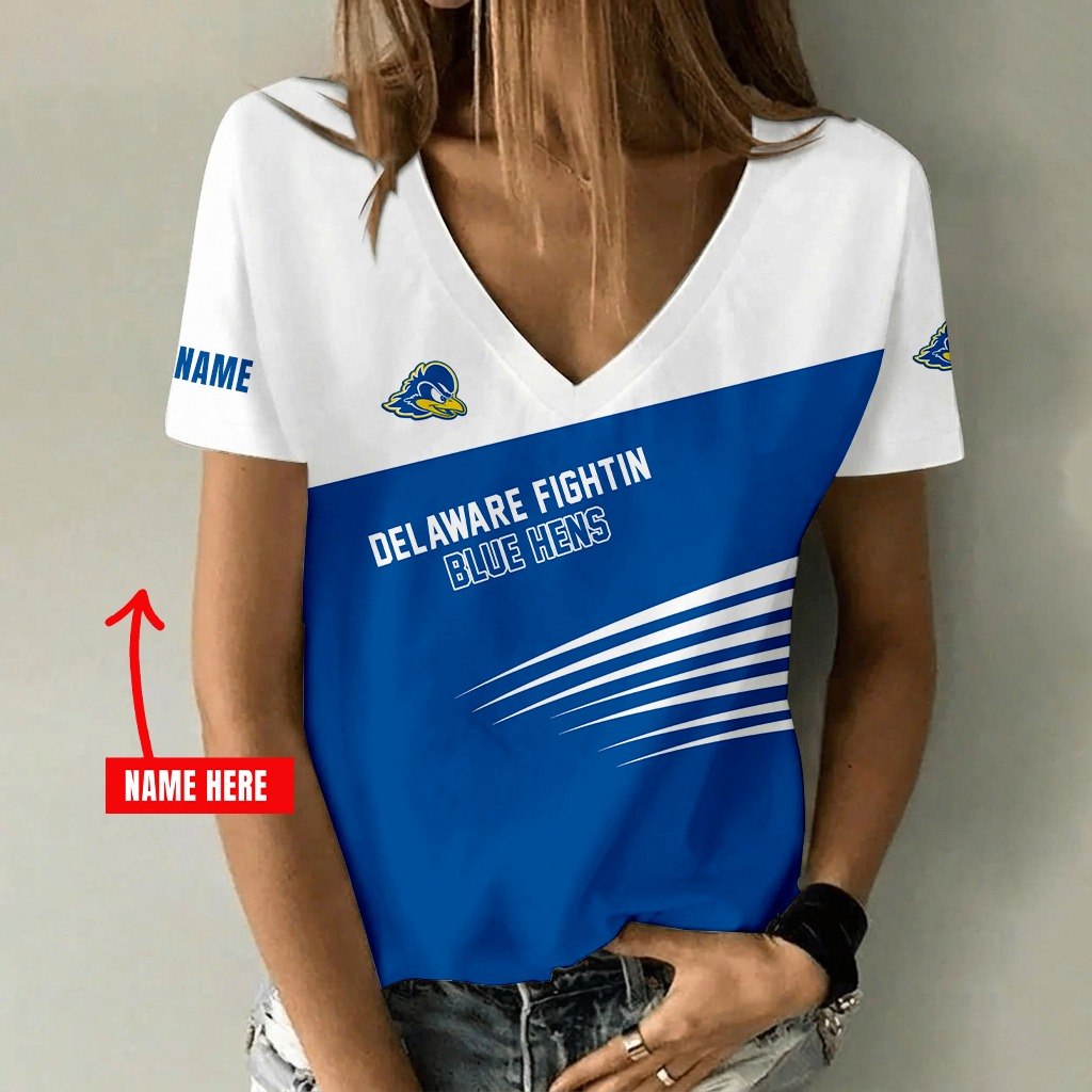 [FAN FAVORITE] NEW CUSTOMIZED NCAA CFH14 DFH DELAWARE FIGHTIN' BLUE HENS V-NECK FEMALE SHIRT