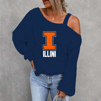 [FAN FAVORITE] NEW CUSTOMIZED NCAA MAM15 IFI ILLINOIS FIGHTING ILLINI WOMEN'S OFF-SHOULDER LONG SLEEVE SHIRT