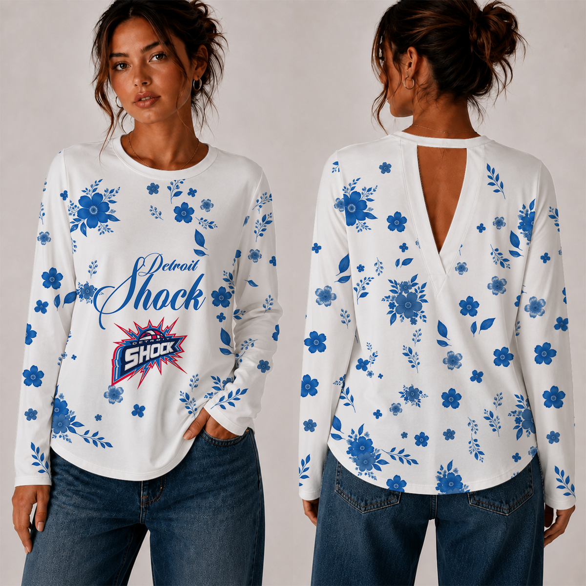 [FAN FAVORITE] NEW CUSTOMIZED WNBA15 DTS DETROIT SHOCK WOMEN'S BACK V-CUT LONG-SLEEVE SHIRT