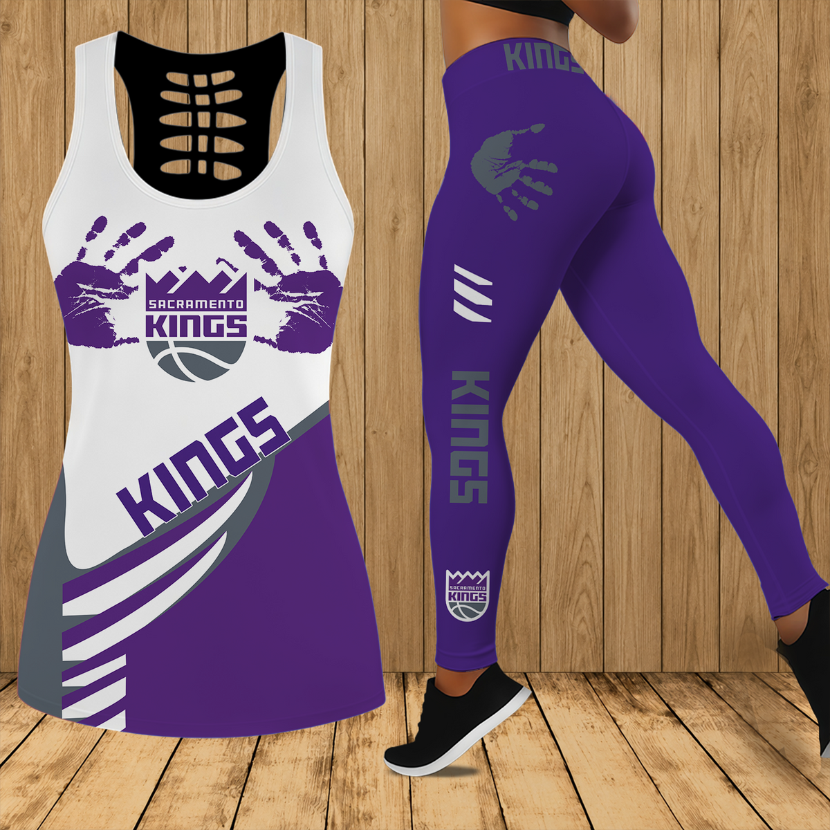 [HOT DEAL] NEW CUSTOMIZED NBA16 SKI SACRAMENTO KINGS HOLLOW TANK TOP & LEGGINGS SET