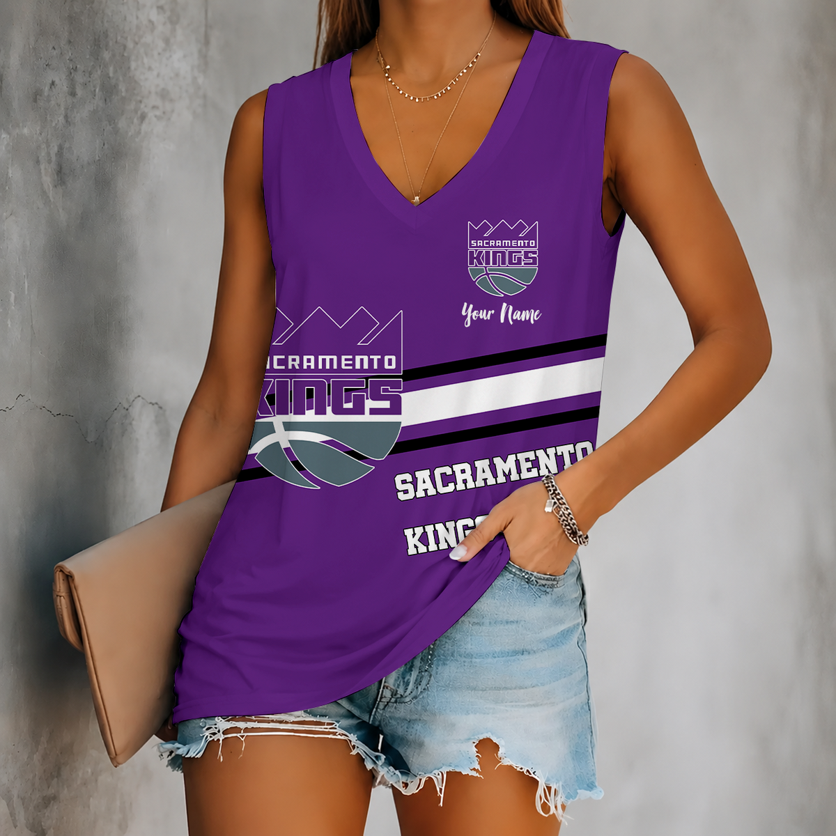 [HOT DEAL] NEW CUSTOMIZED NBA16 SKI SACRAMENTO KINGS WOMEN'S V-NECK TANK TOP