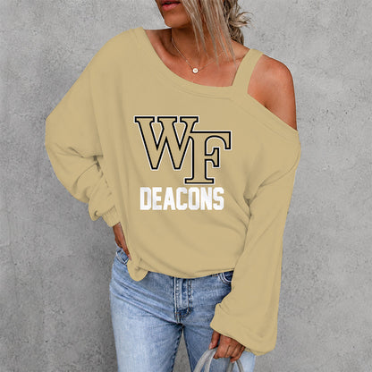 [FAN FAVORITE] NEW CUSTOMIZED NCAA CFH16 WFD WAKE FOREST DEMON DEACONS WOMEN'S OFF-SHOULDER LONG SLEEVE SHIRT