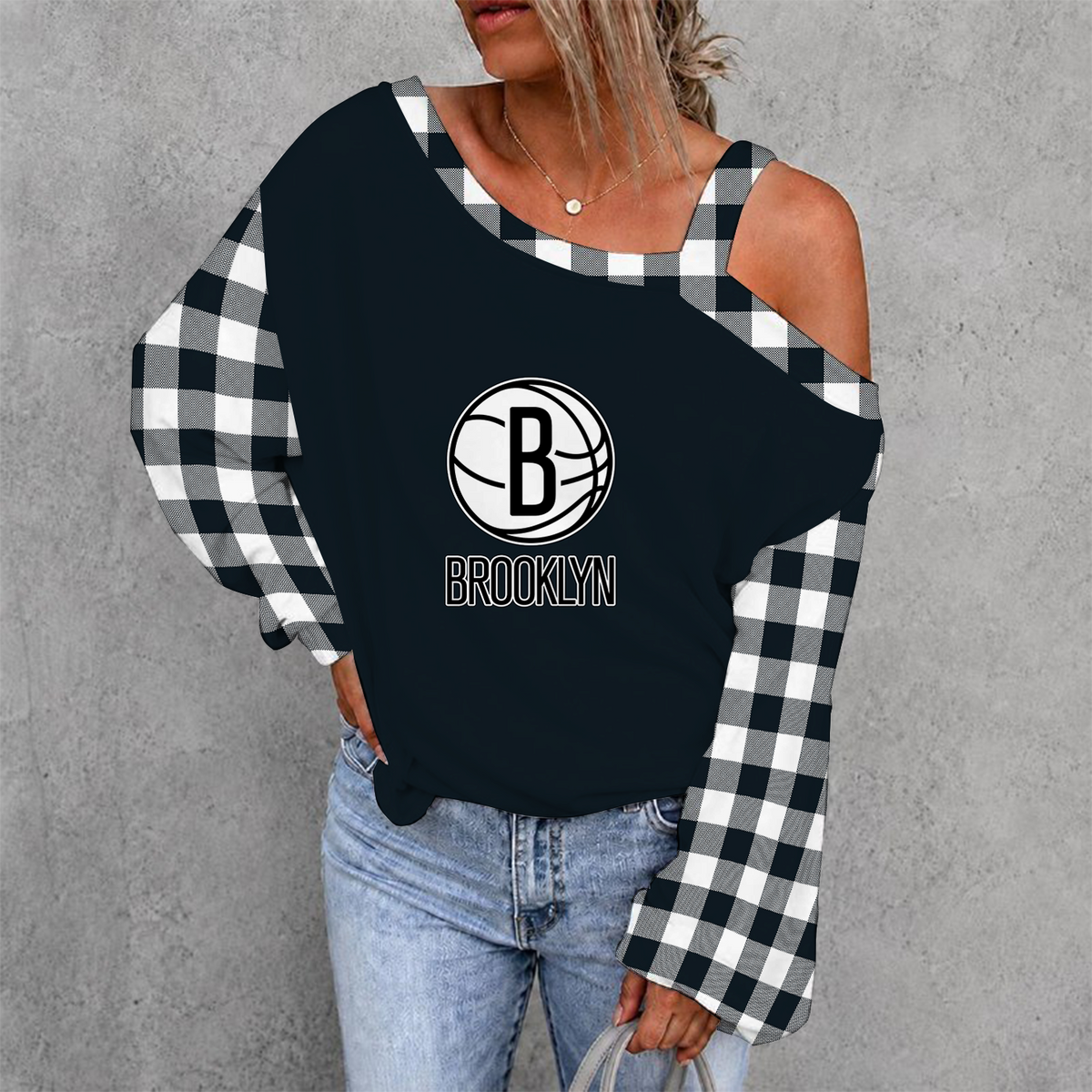 [HOT DEAL] NEW CUSTOMIZED NBA25 BNE BROOKLYN NETS WOMEN'S OFF-SHOULDER LONG SLEEVE SHIRT