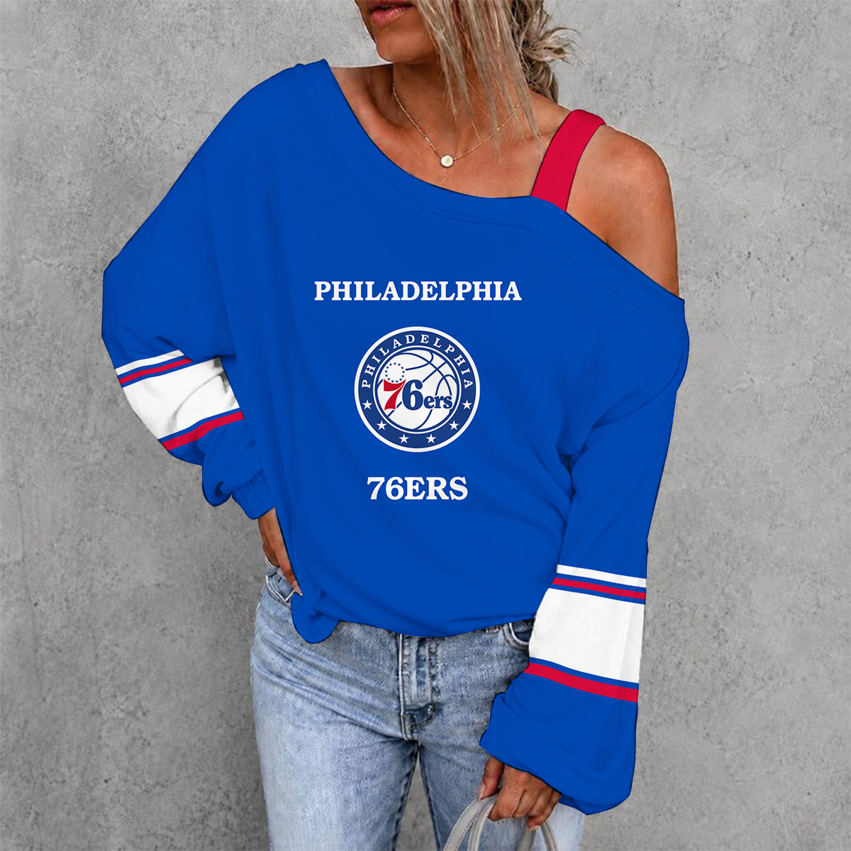 [HOT DEAL] NEW CUSTOMIZED NBA26 P76 PHILADELPHIA 76ERS WOMEN'S OFF-SHOULDER LONG SLEEVE SHIRT