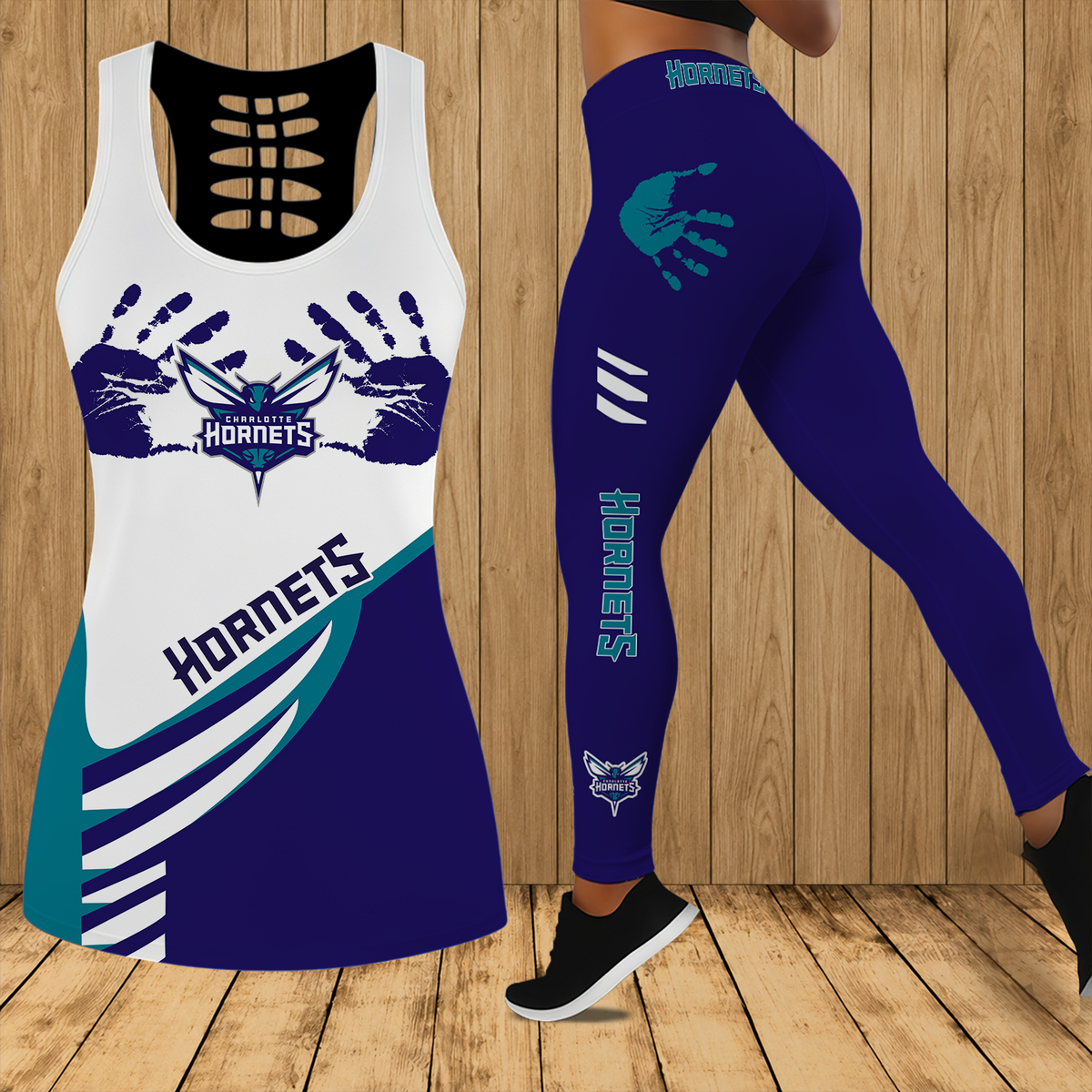 [HOT DEAL] NEW CUSTOMIZED NBA27 CHO CHARLOTTE HORNETS HOLLOW TANK TOP & LEGGINGS SET