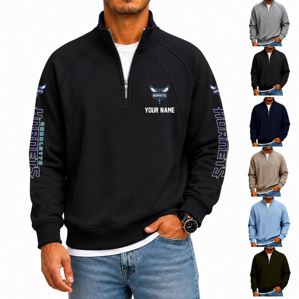 [HOT DEAL] NEW CUSTOMIZED NBA27 CHO CHARLOTTE HORNETS  MEN'S QUARTER ZIP PULLOVER