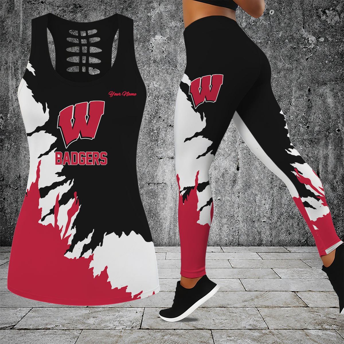 [FAN FAVORITE] NEW CUSTOMIZED NCAA MAM29 WSB WISCONSIN BADGERS STRAPPY HOLLOW TANK TOP & LEGGINGS SET