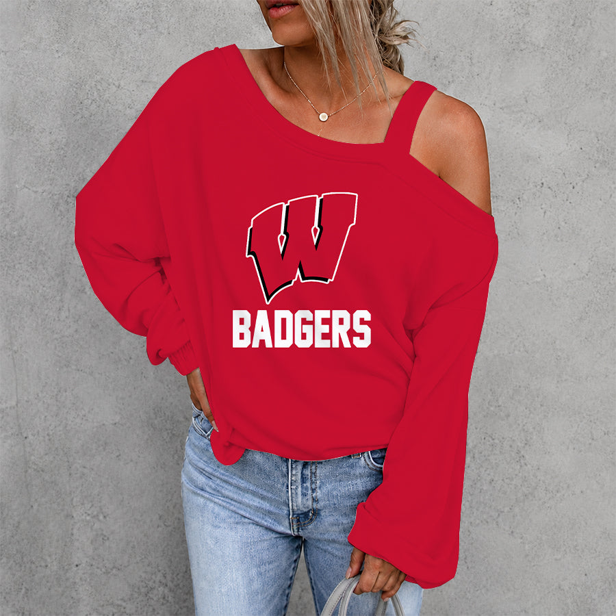 [FAN FAVORITE] NEW CUSTOMIZED NCAA MAM29 WSB WISCONSIN BADGERS WOMEN'S OFF-SHOULDER LONG SLEEVE SHIRT