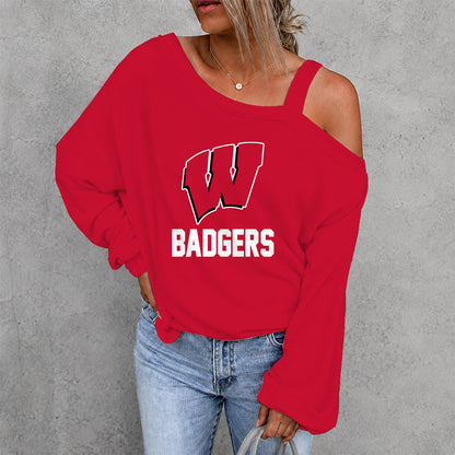 [FAN FAVORITE] NEW CUSTOMIZED NCAA MAM29 WSB WISCONSIN BADGERS WOMEN'S OFF-SHOULDER LONG SLEEVE SHIRT