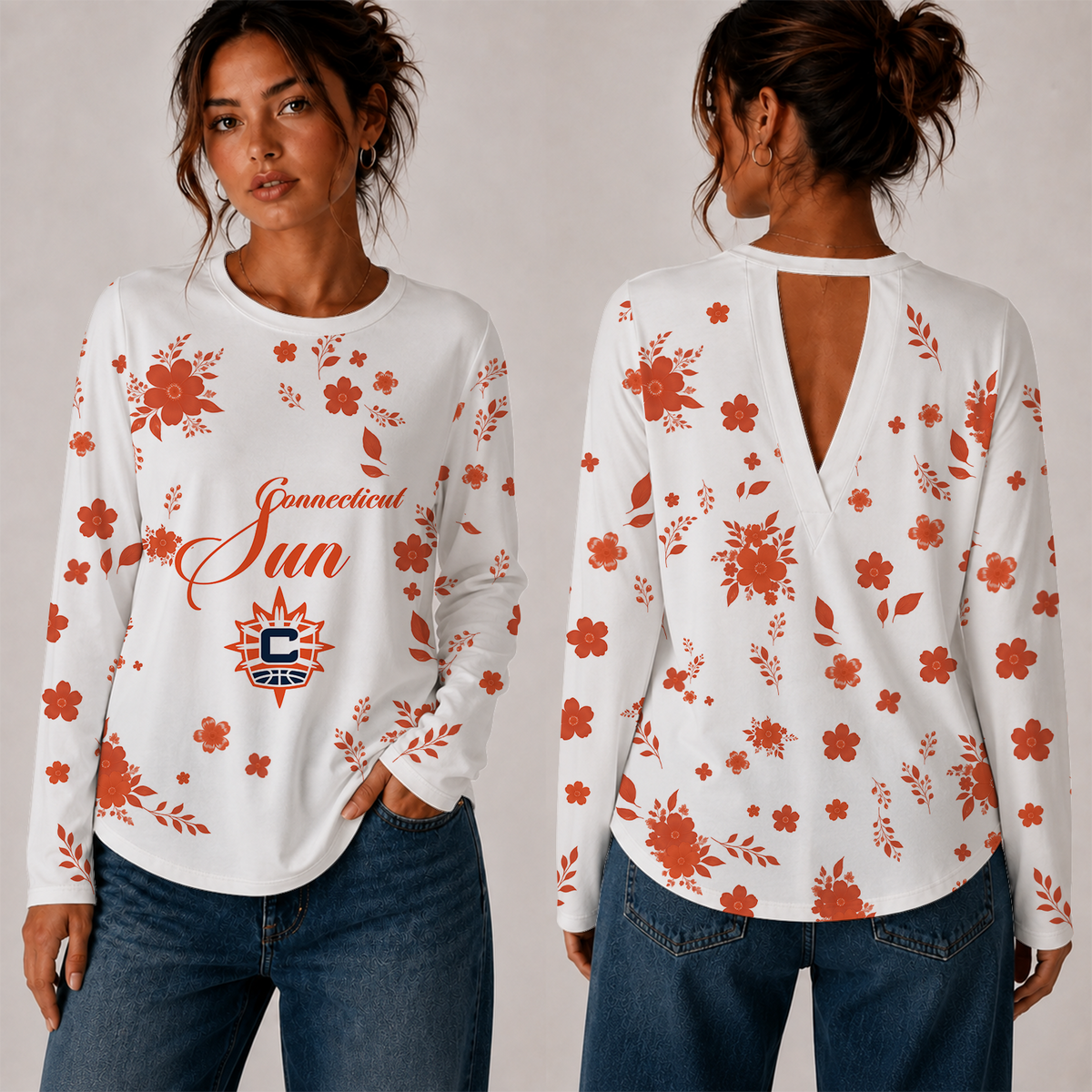 [FAN FAVORITE] NEW CUSTOMIZED WNBA03 CTS CONNECTICUT SUN WOMEN'S BACK V-CUT LONG-SLEEVE SHIRT